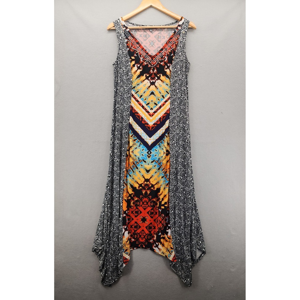NY Collection Mixed Print Handkerchief Hem Dress Studded V-Neck Sleeveless Med M